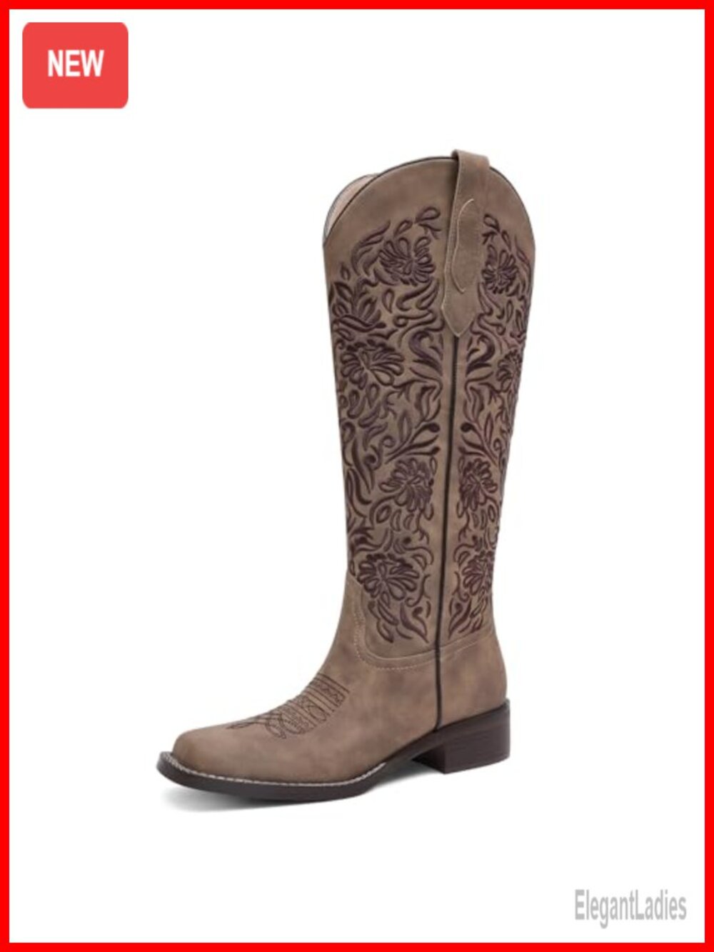 Embroidered Cowboy Boots Knee High Pull On Square Toe Low Block Heel Western